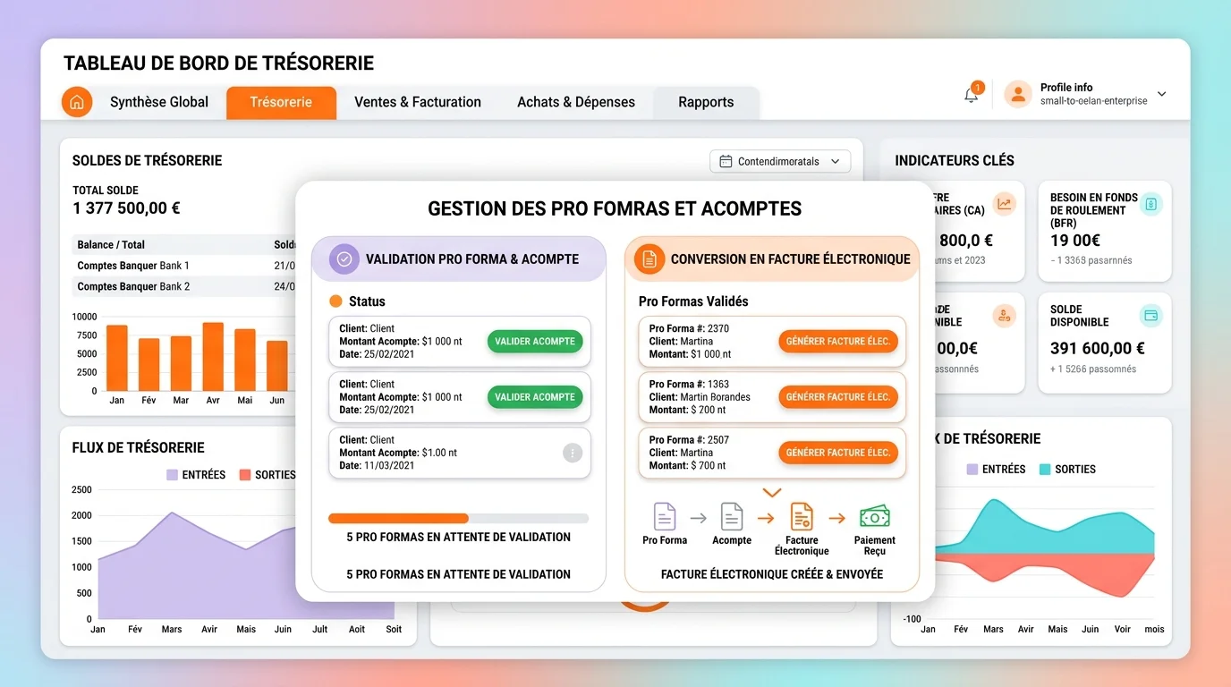 Tableau de bord trésorerie PME montrant validation pro forma acompte et conversion en facture électronique