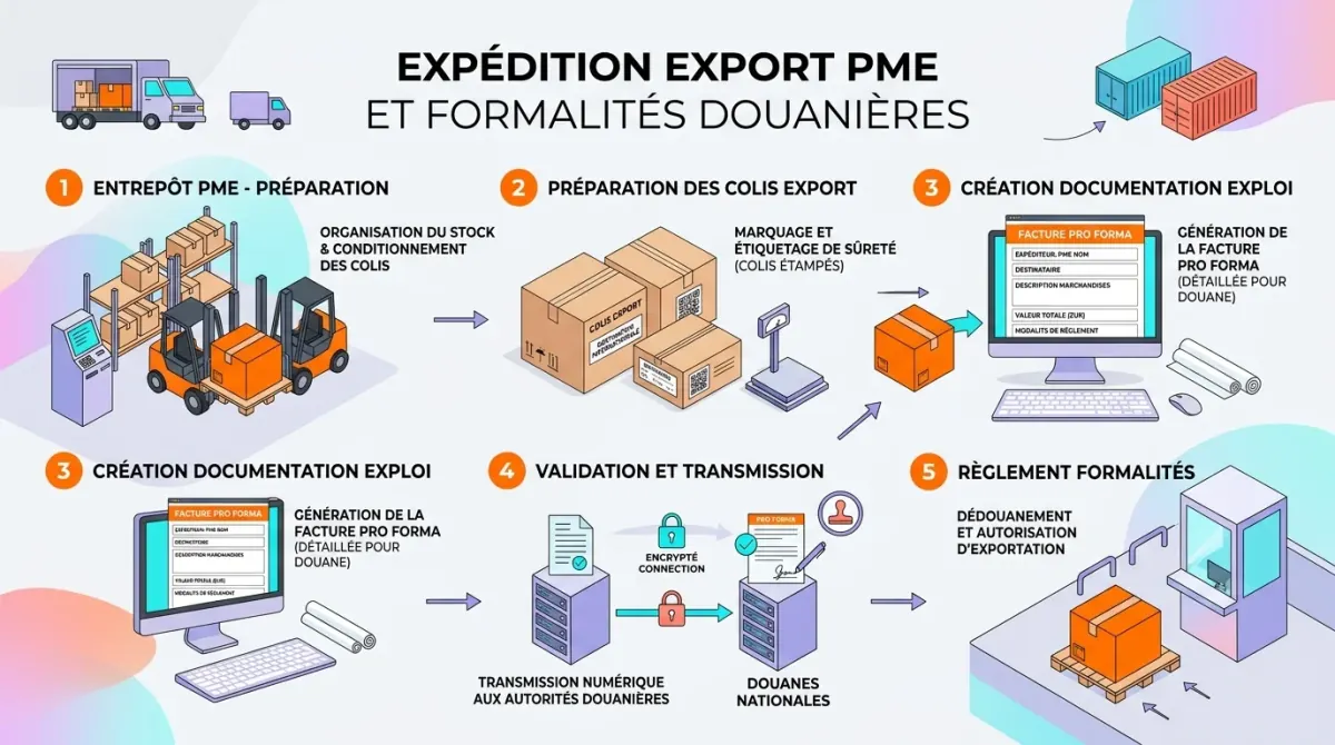 Entrepôt PME avec colis export et facture pro forma utilisée pour préparer les formalités douanières