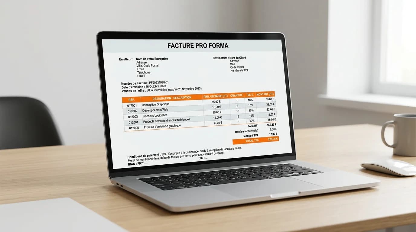 Modèle de facture pro forma affiché sur ordinateur avec colonnes prix quantité TVA et validité de l’offre