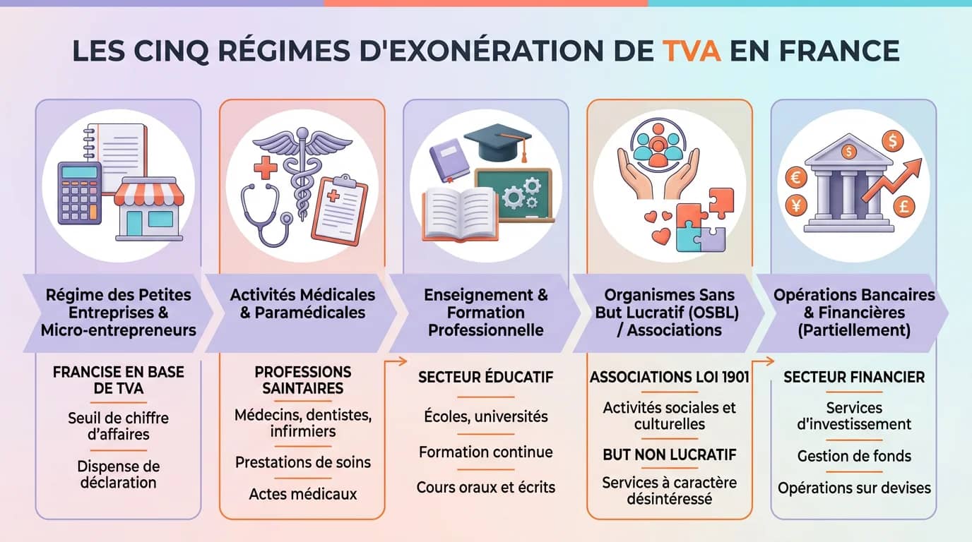 Schéma des cinq régimes d'exonération de TVA en France avec icônes pour chaque catégorie professionnelle