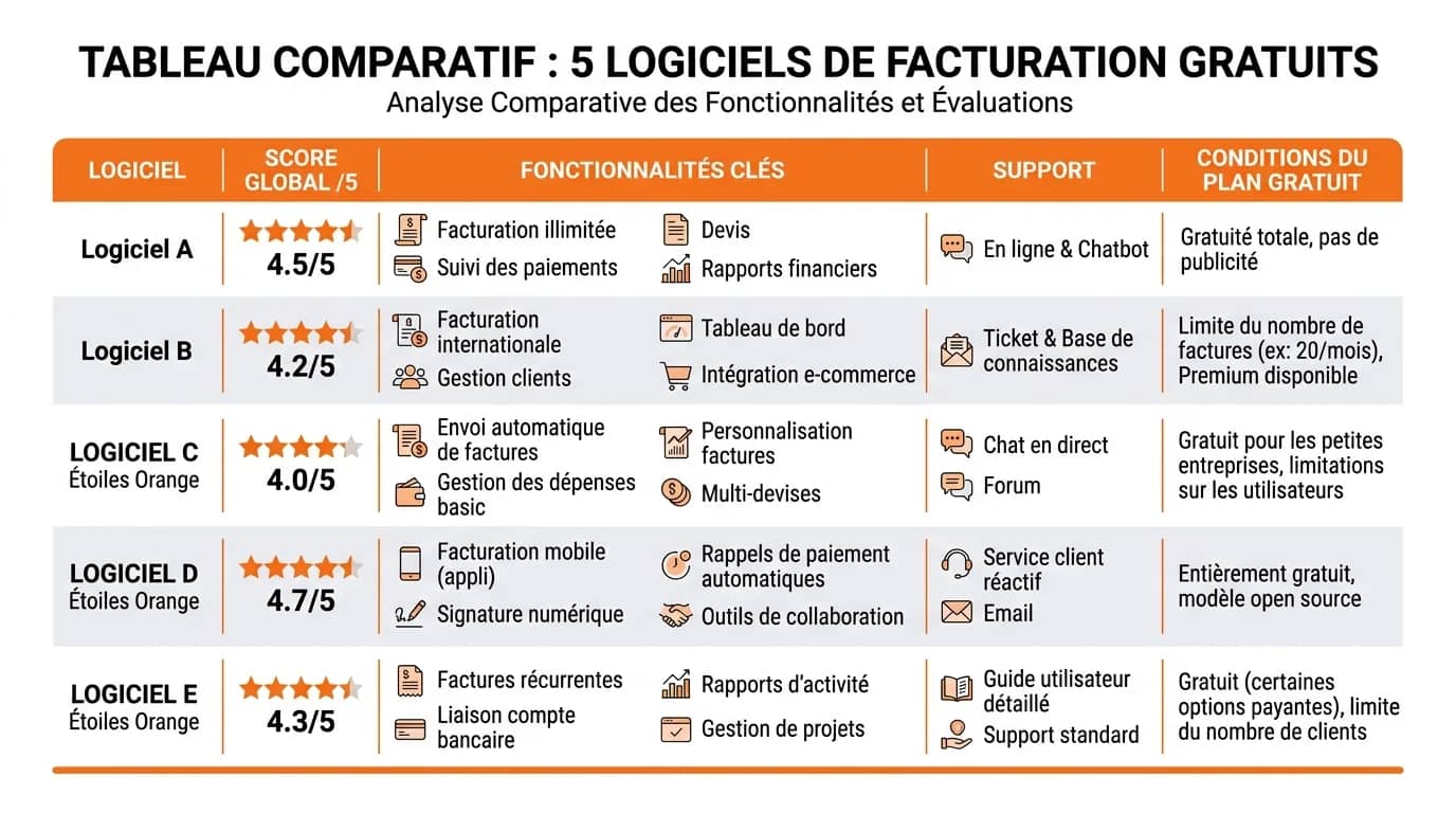 Tableau comparatif de cinq logiciels de facturation gratuits avec scores et fonctionnalités sur fond blanc