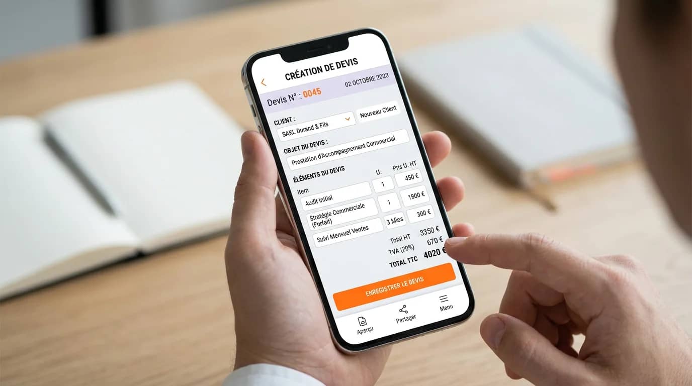 Indépendant créant un devis sur smartphone depuis une application de facturation mobile avec interface claire