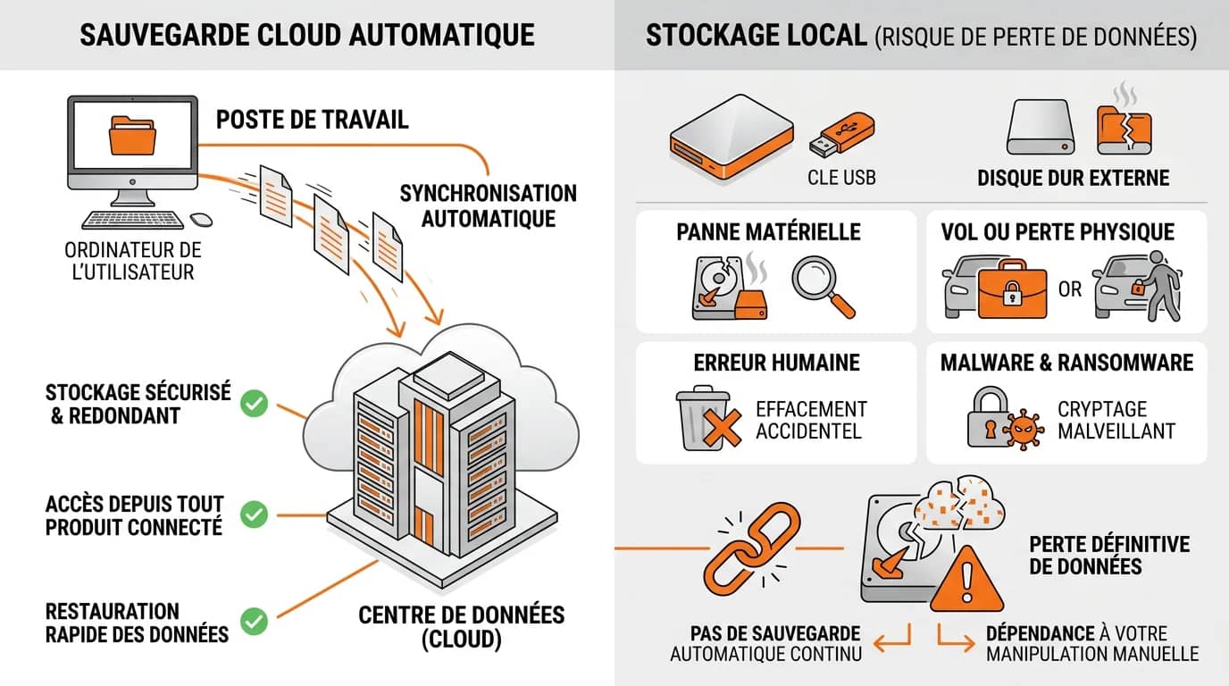 Schéma montrant la sauvegarde cloud automatique versus stockage local avec risque de perte de données