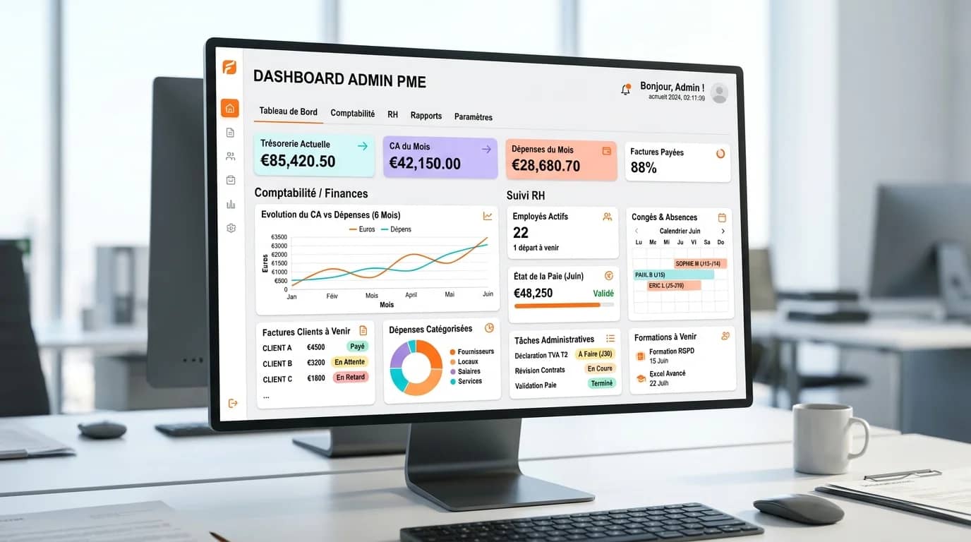 Dashboard de gestion administrative PME avec tableaux de bord comptabilité et suivi RH sur écran d'ordinateur