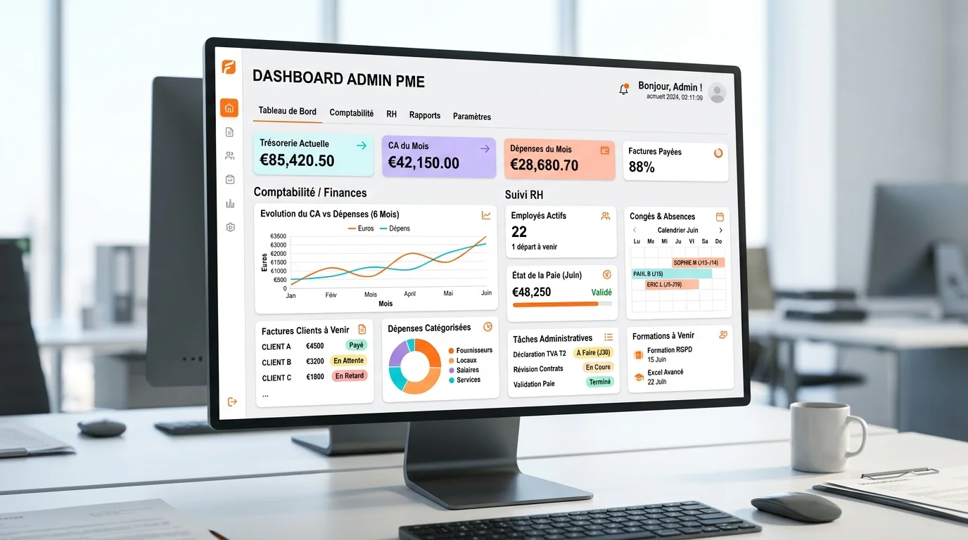 Dashboard de gestion administrative PME avec tableaux de bord comptabilité et suivi RH sur écran d'ordinateur