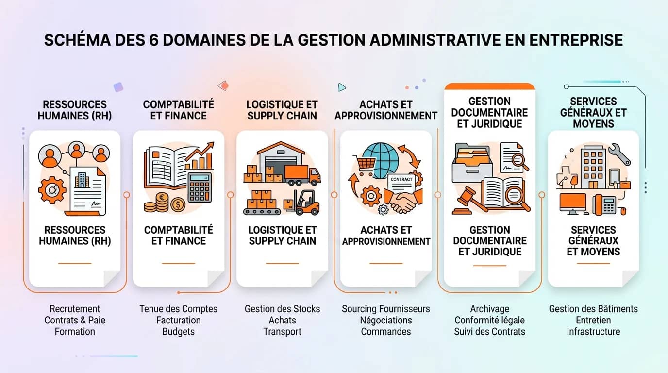 Schéma des 6 domaines de la gestion administrative en entreprise avec icônes RH comptabilité logistique