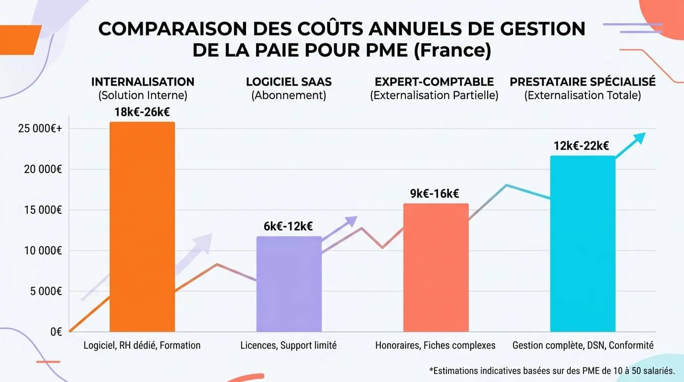 Graphique comparant les coûts annuels de gestion de la paie pour une PME de 15 salariés selon la approche choisie logiciel expert comptable ou externalisation