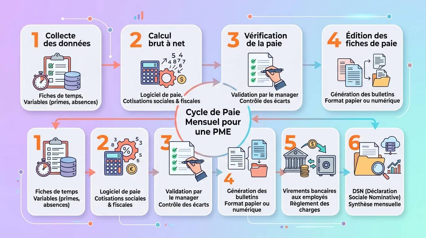 Schéma du cycle de paie mensuel en 6 étapes pour une PME avec collecte des variables, calcul brut, cotisations, bulletin, DSN et virement