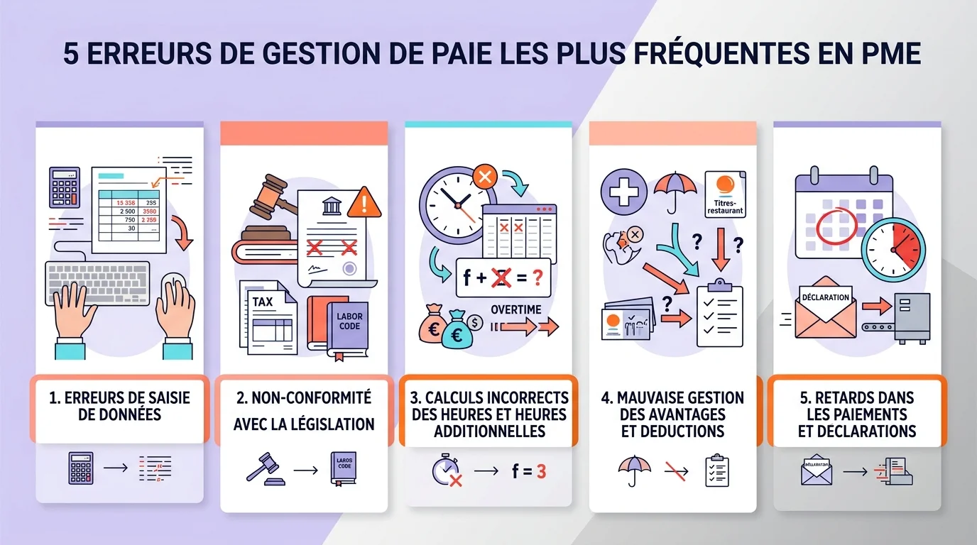 Illustration des cinq erreurs de gestion de paie les plus fréquentes en PME avec impact financier heures supplémentaires convention collective et DSN