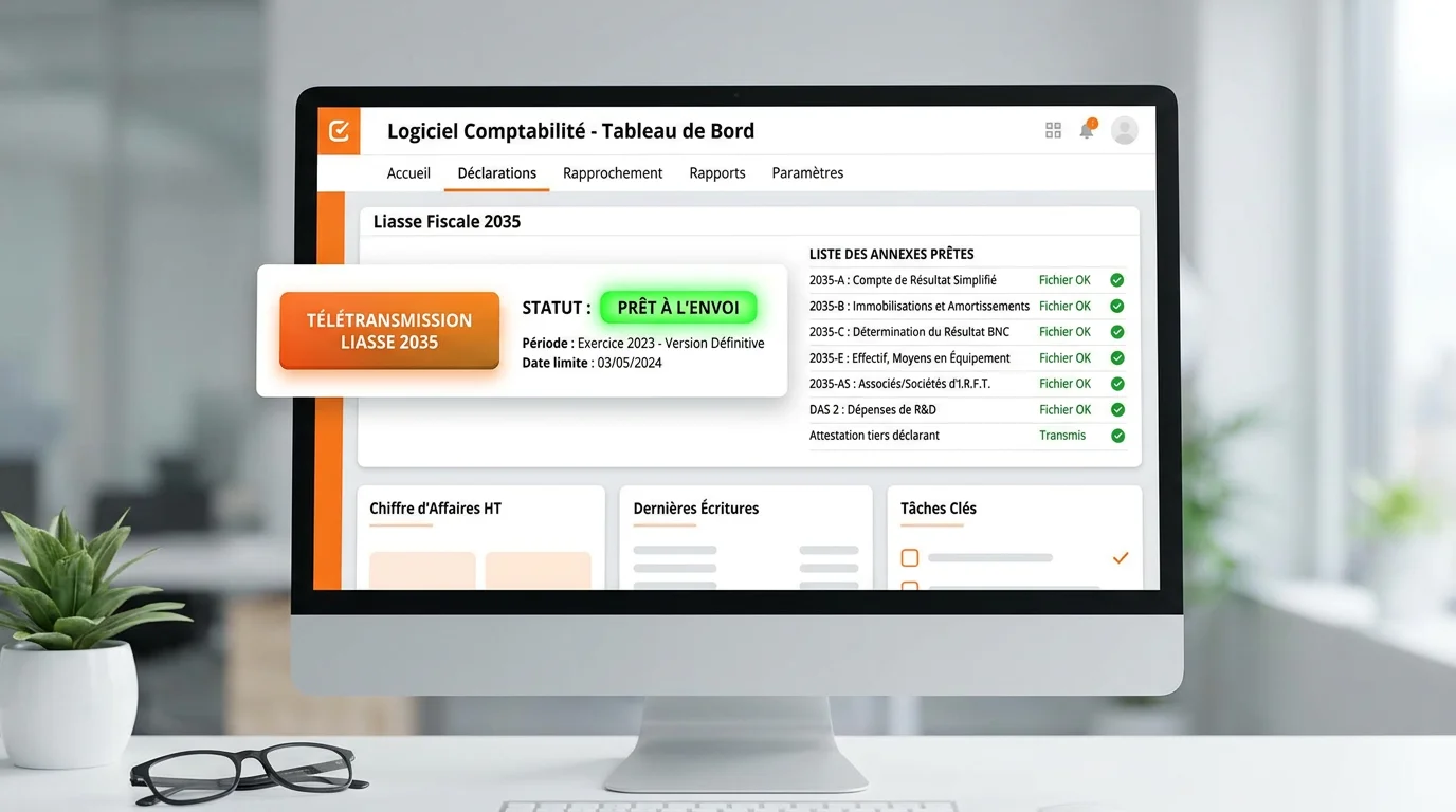 Tableau de bord d'un logiciel de comptabilité affichant un bouton télétransmission liasse 2035 avec voyant vert et liste des annexes prêtes