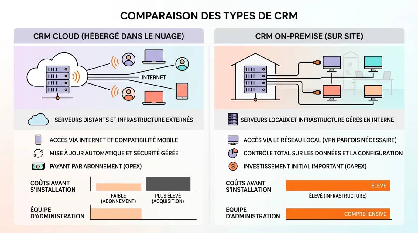 Comparaison visuelle CRM cloud avec icônes serveur distant et CRM on-premise avec serveur local en entreprise