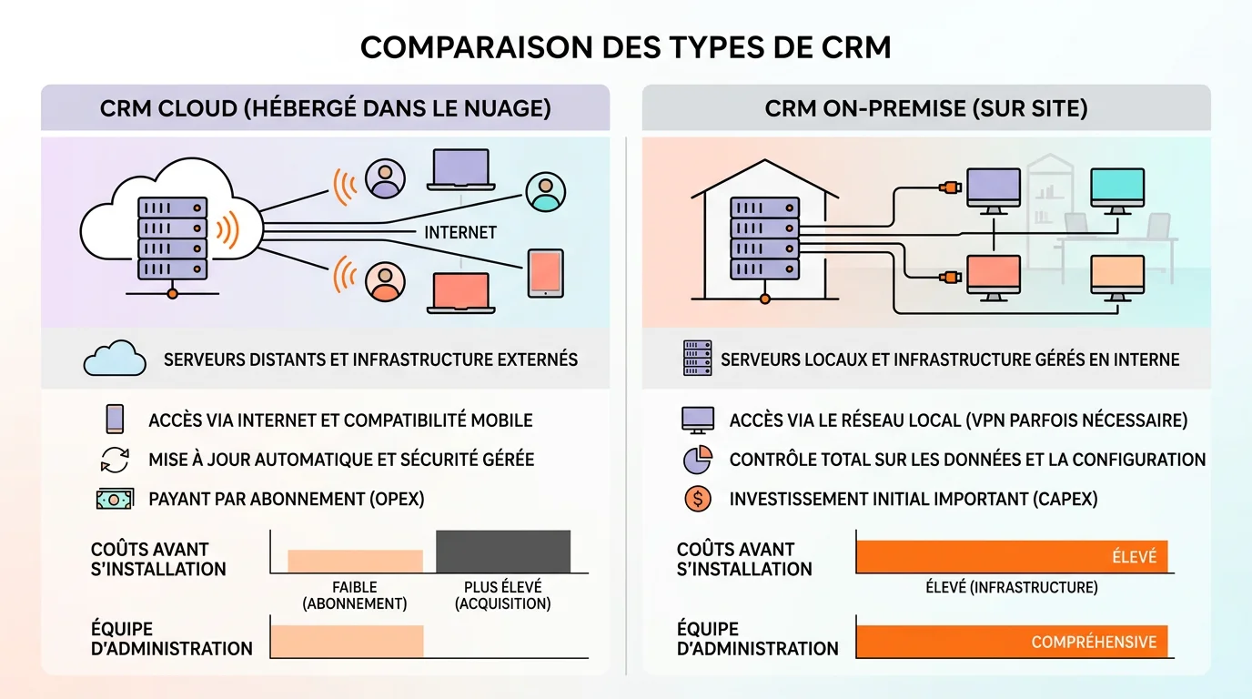 Comparaison visuelle CRM cloud avec icônes serveur distant et CRM on-premise avec serveur local en entreprise