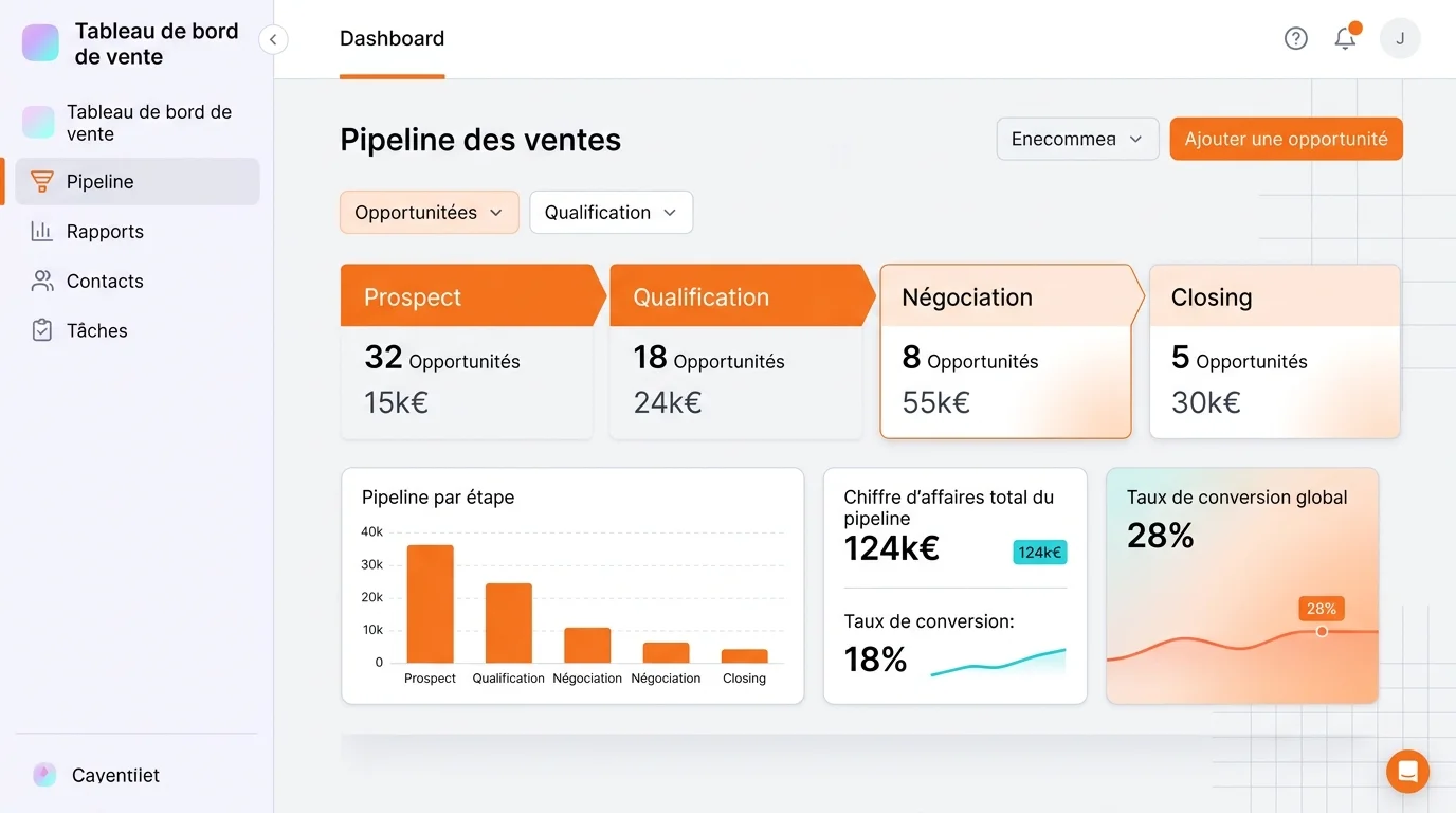Tableau de bord CRM affichant pipeline de ventes avec étapes prospect, qualification, négociation et closing