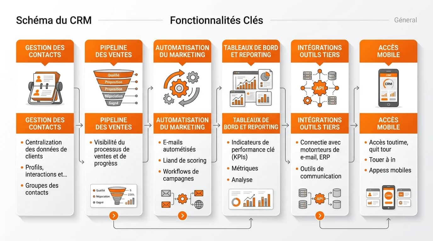 Schéma des six fonctionnalités CRM essentielles : contacts, pipeline, automatisation, reporting, intégrations, mobile