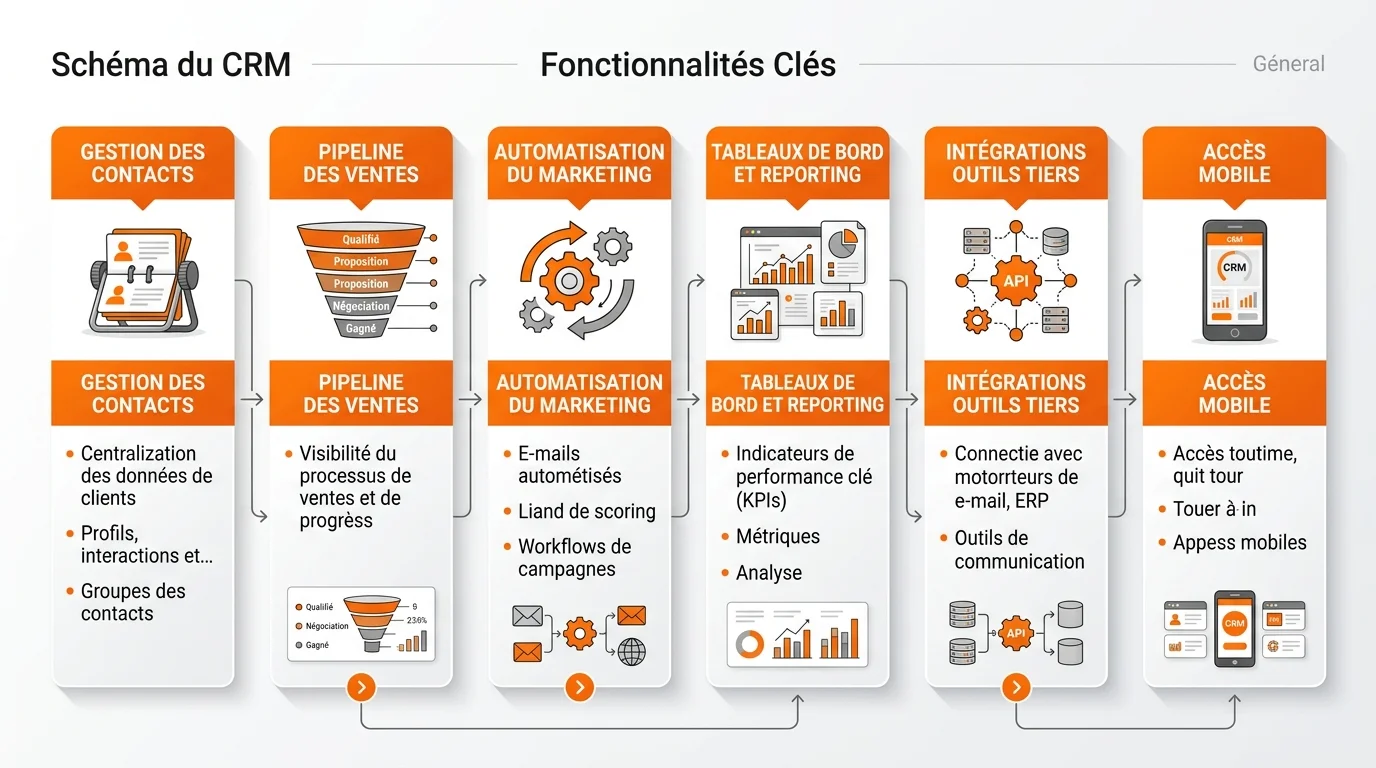 Schéma des six fonctionnalités CRM essentielles : contacts, pipeline, automatisation, reporting, intégrations, mobile