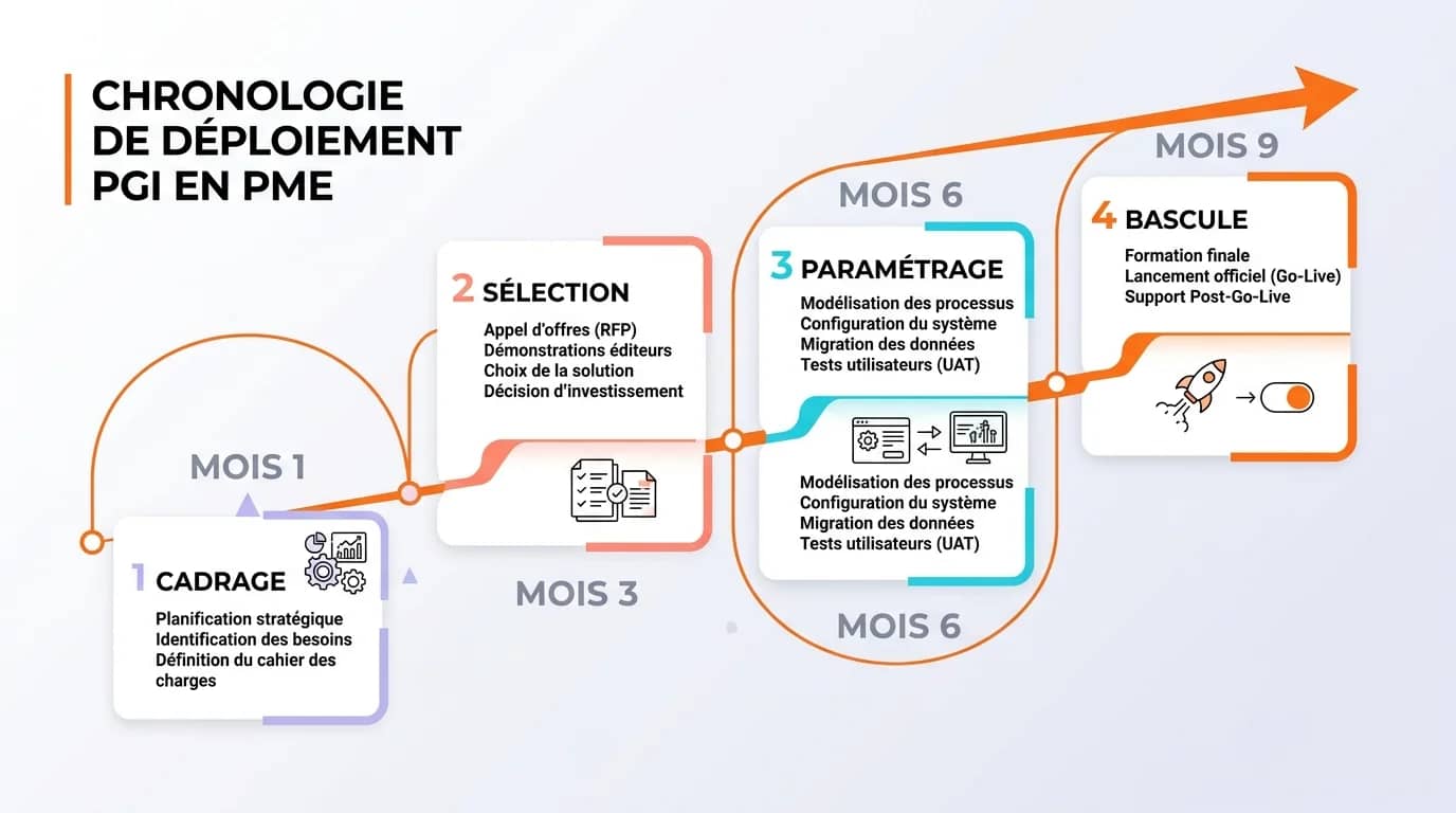 Chronologie de déploiement d'un PGI en PME avec quatre phases : cadrage, sélection, paramétrage et bascule sur une frise temporelle