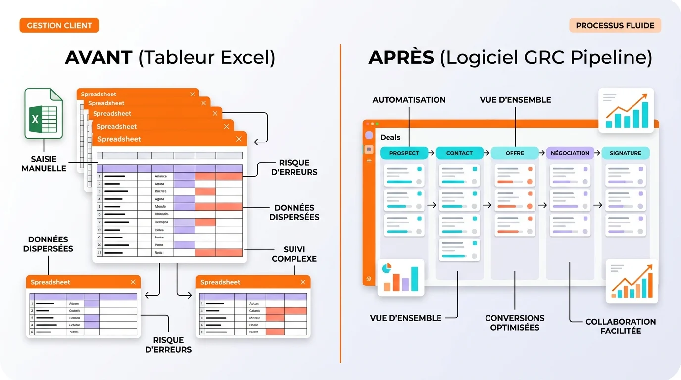 Comparaison visuelle gestion client avant tableur Excel et après logiciel GRC pipeline