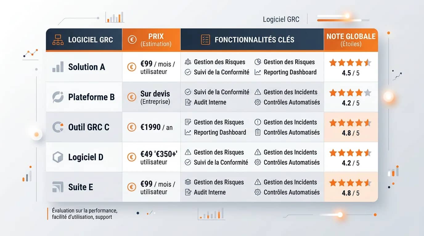 Grille comparative de logiciels GRC avec colonnes prix fonctionnalités et notes
