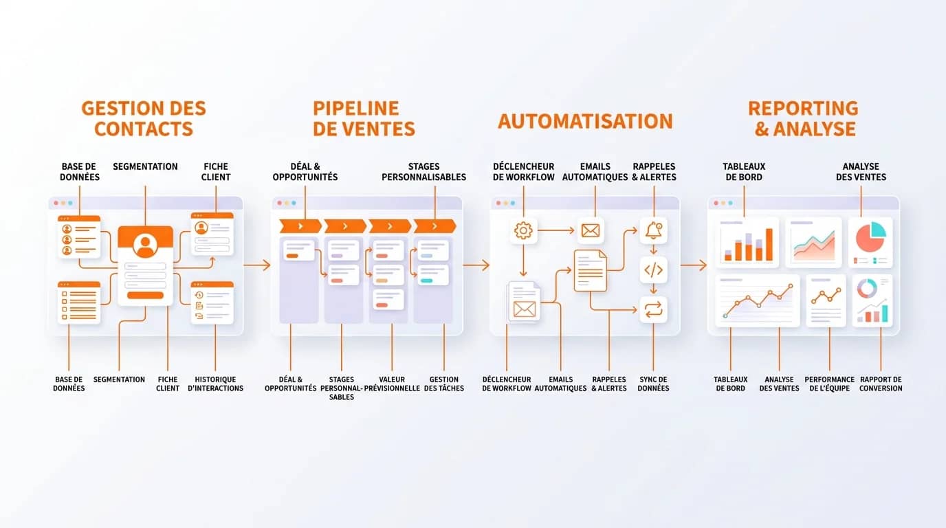 Schéma des fonctionnalités logiciel GRC contacts pipeline automatisation reporting