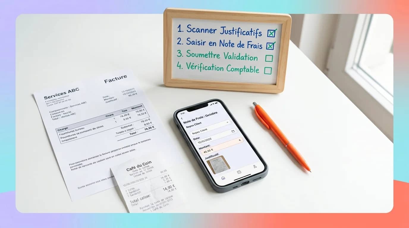 bureau vu de dessus avec facture ticket smartphone et tableau de validation des notes de frais