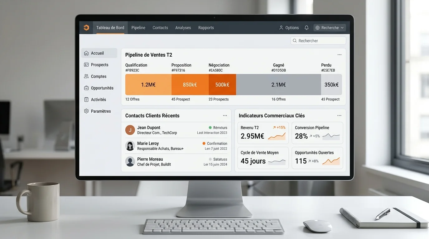 Tableau de bord CRM avec pipeline de ventes en vue Kanban et graphiques de performance commerciale