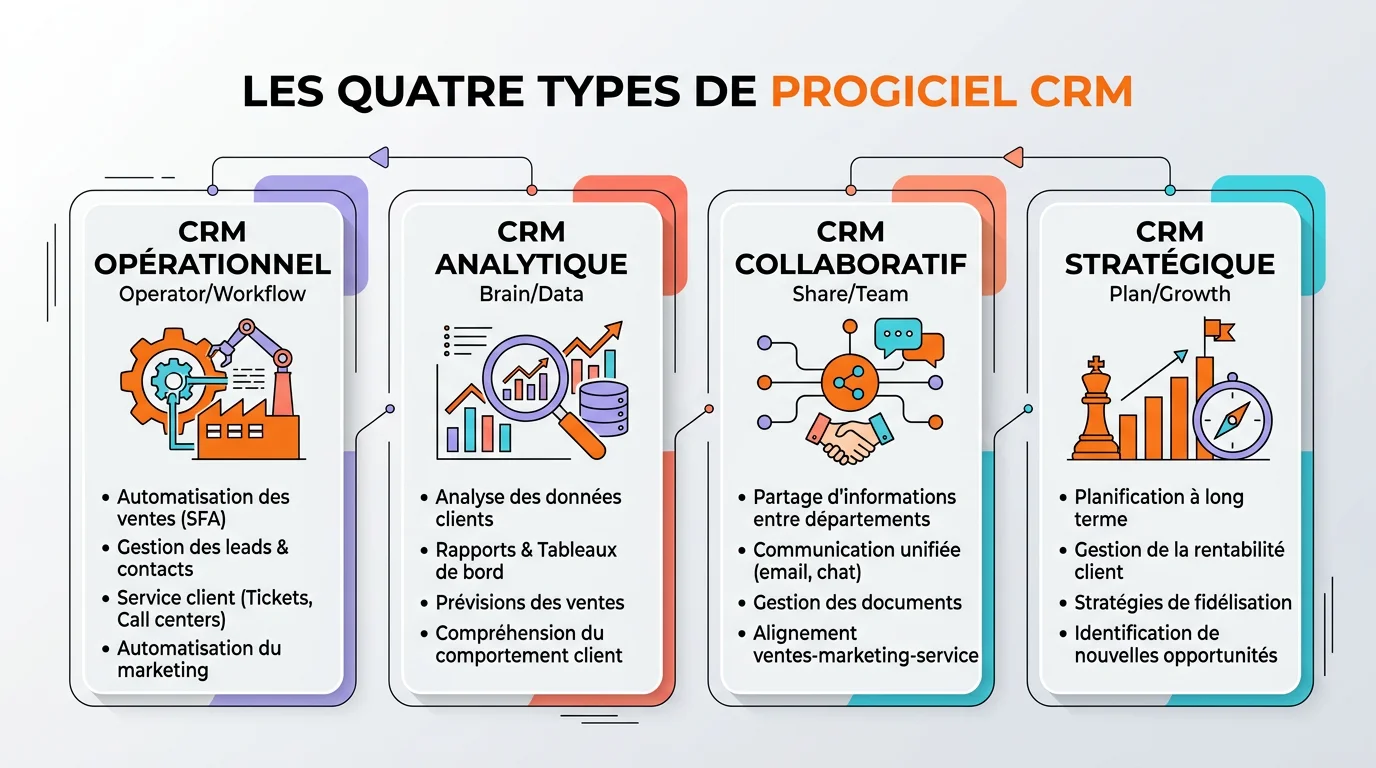 Schéma des trois types de CRM opérationnel analytique et collaboratif avec icônes ventes données équipes