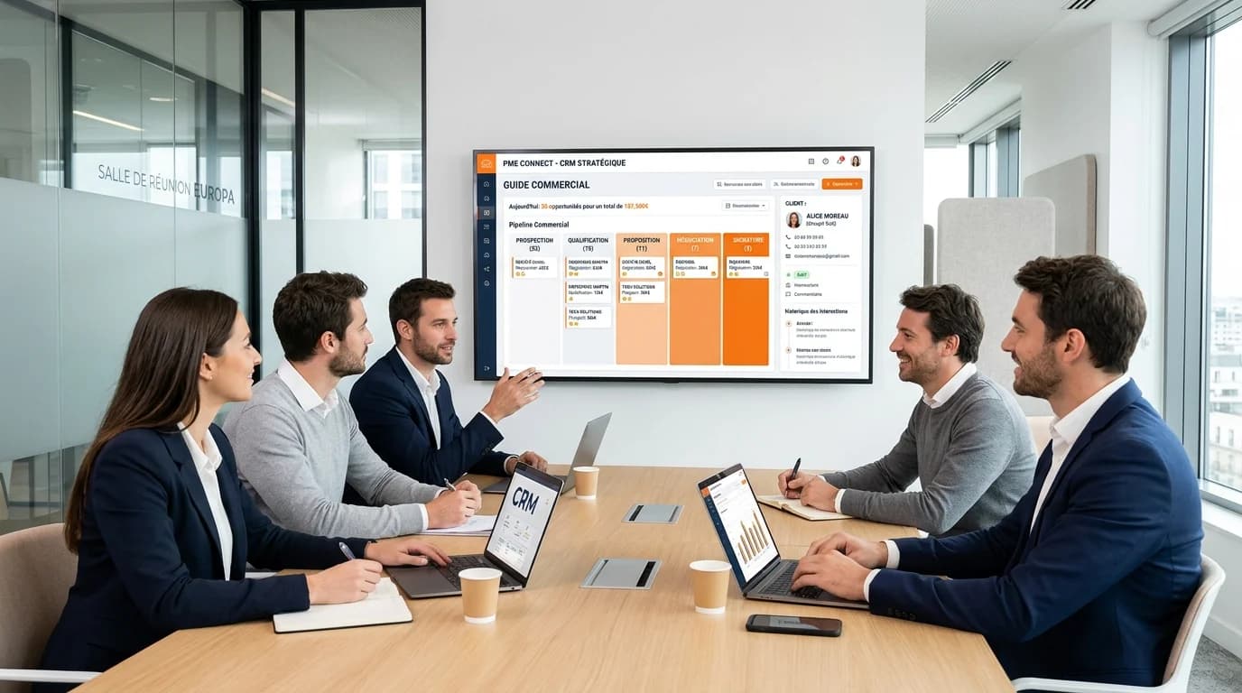 Équipe PME en réunion autour d'un écran affichant un logiciel CRM avec pipeline commercial et fiches clients
