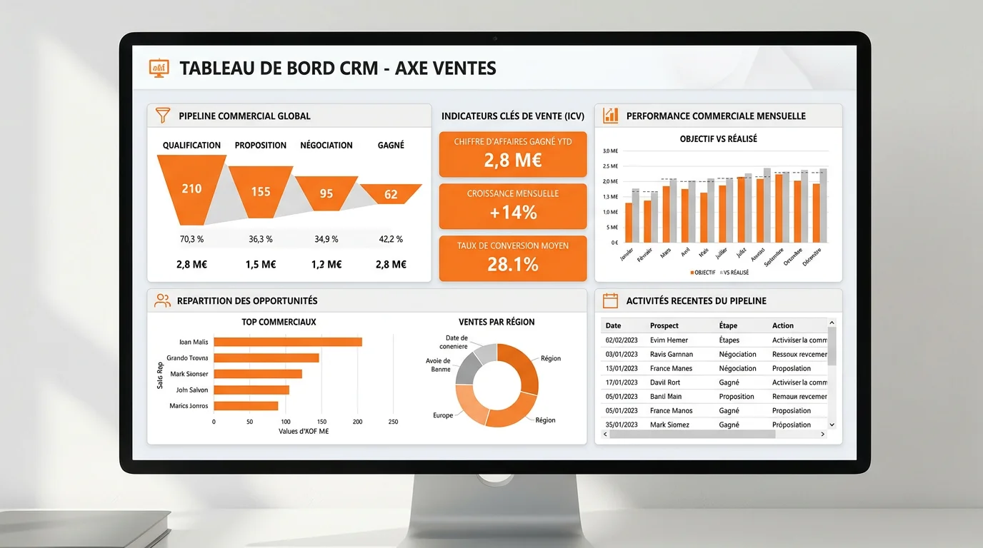 Écran de tableau de bord CRM avec graphiques de performance commerciale pipeline et indicateurs de vente
