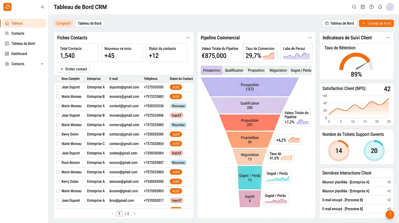 Schéma d'un tableau de bord CRM montrant les fiches contacts, le pipeline commercial et les indicateurs de suivi client