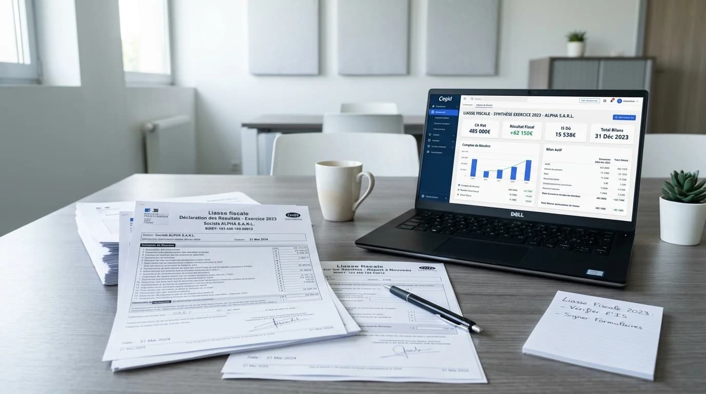 Formulaires Cerfa de la liasse fiscale posés sur un bureau avec un ordinateur affichant un logiciel comptable