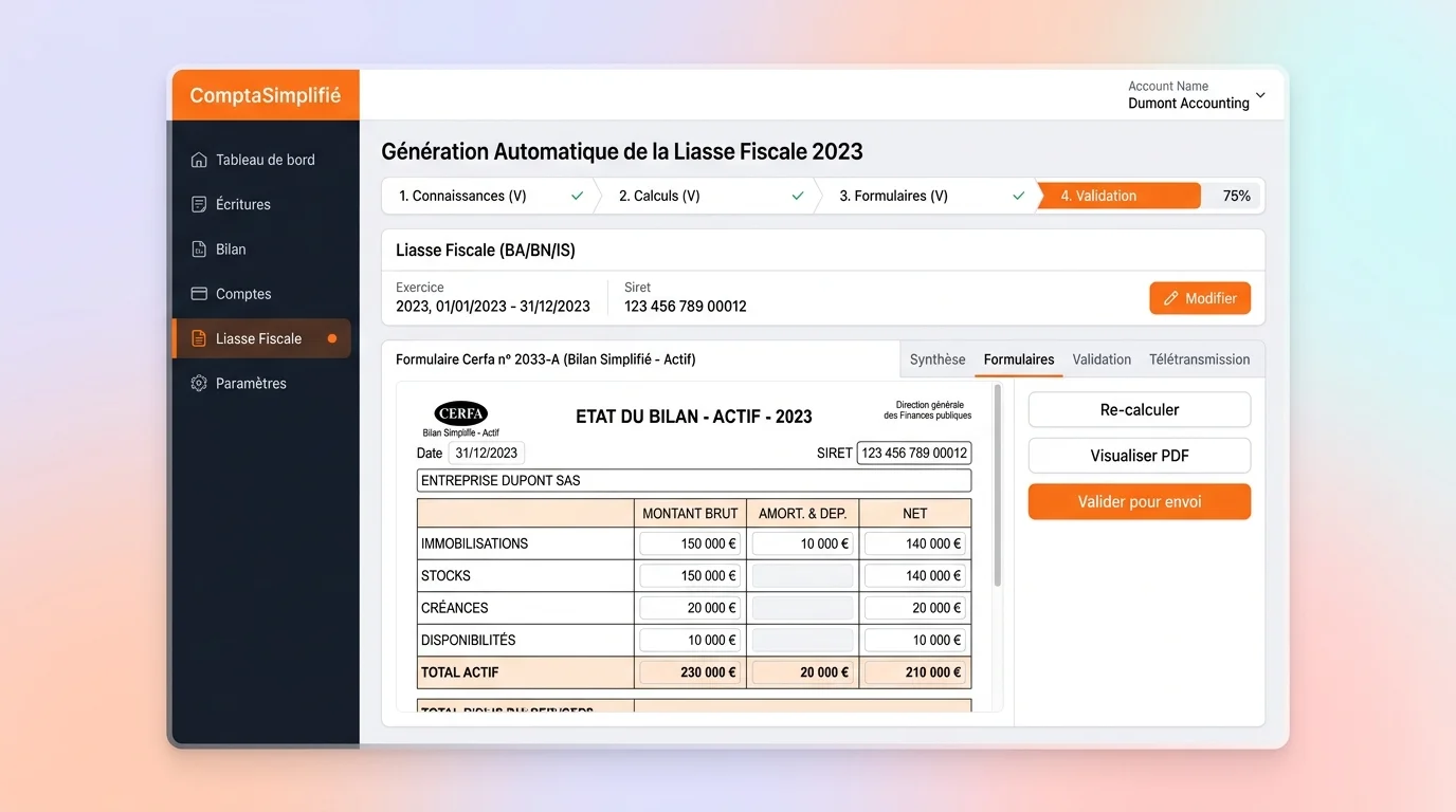 Interface d'un logiciel de comptabilité affichant la génération automatique de la liasse fiscale avec les tableaux Cerfa pré-remplis