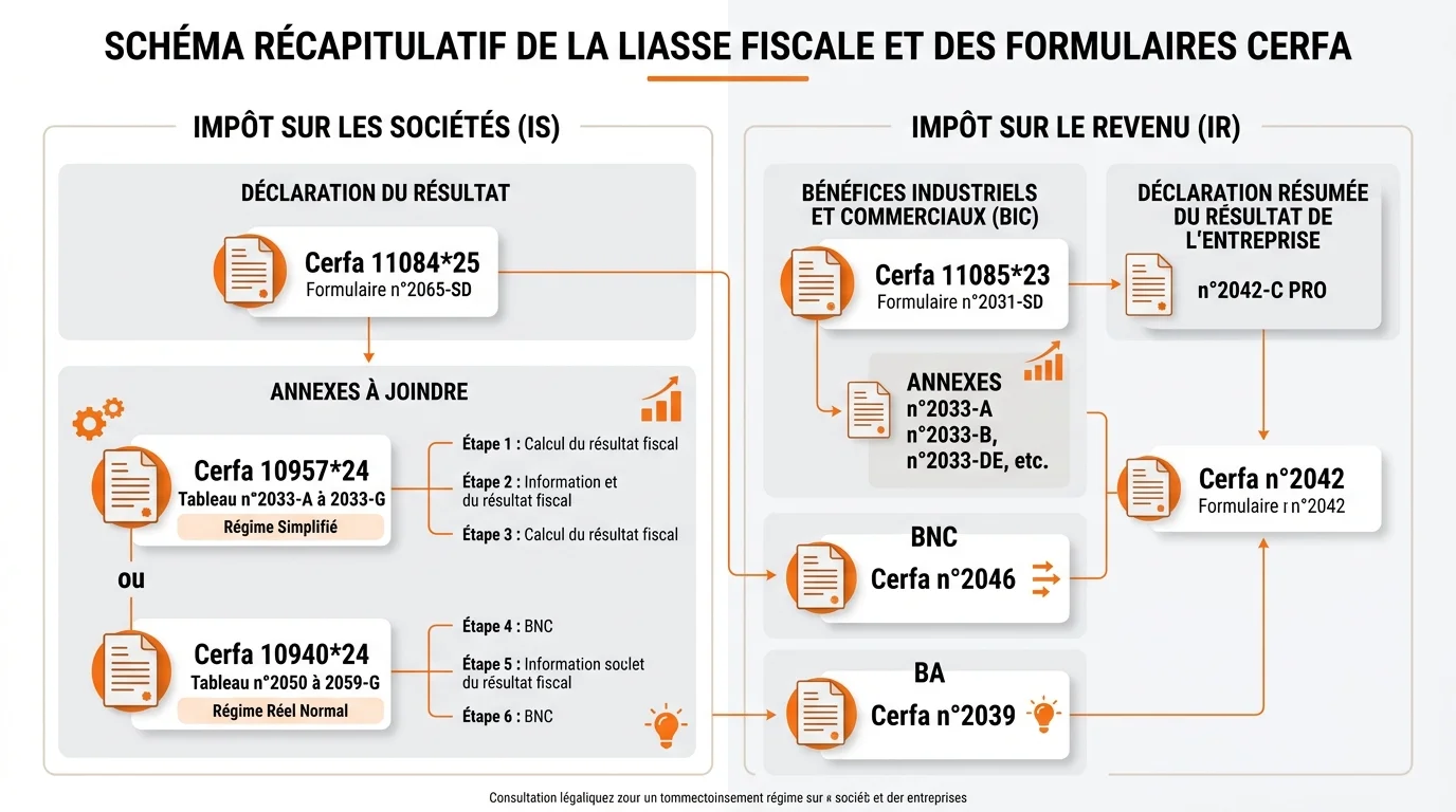 Schéma des formulaires Cerfa de la liasse fiscale classés par régime IS et IR avec les numéros de déclaration