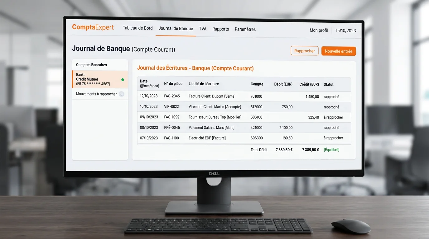 Écran d'ordinateur affichant un logiciel de comptabilité moderne avec un tableau d'écritures comptables, colonnes débit et crédit, connexion bancaire visible