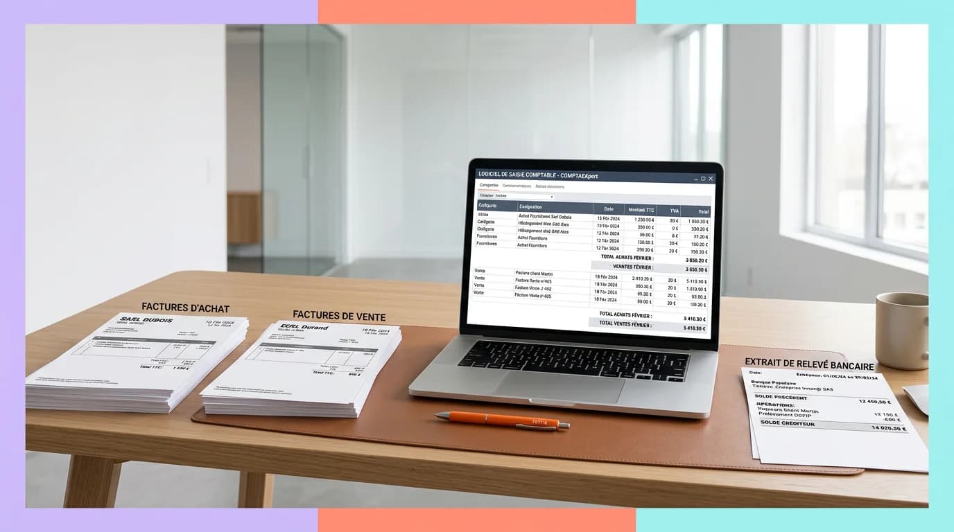 Bureau avec des piles de factures d'achat et de vente, un relevé bancaire et un ordinateur affichant un logiciel de saisie comptable
