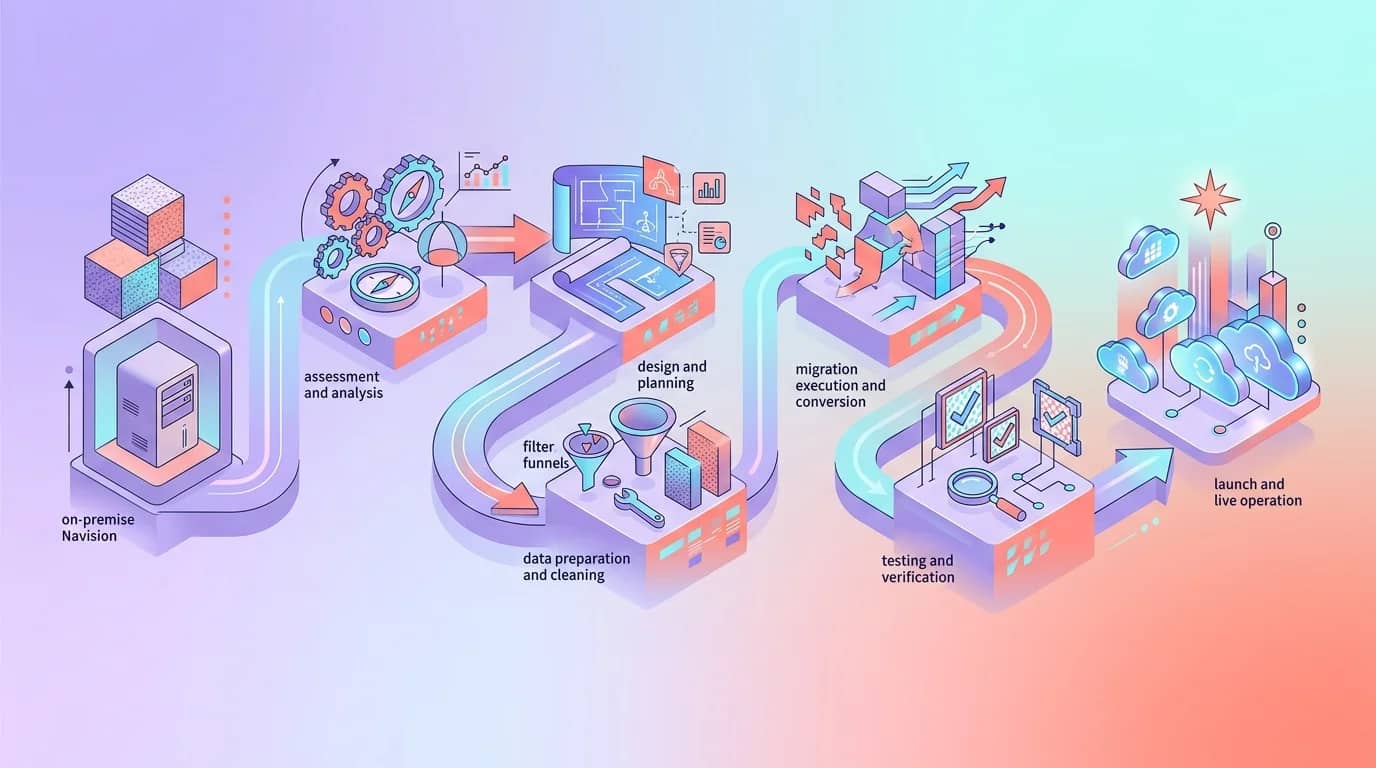 Diagramme de migration du software Navision on-premise vers Business Central cloud avec fleches et etapes
