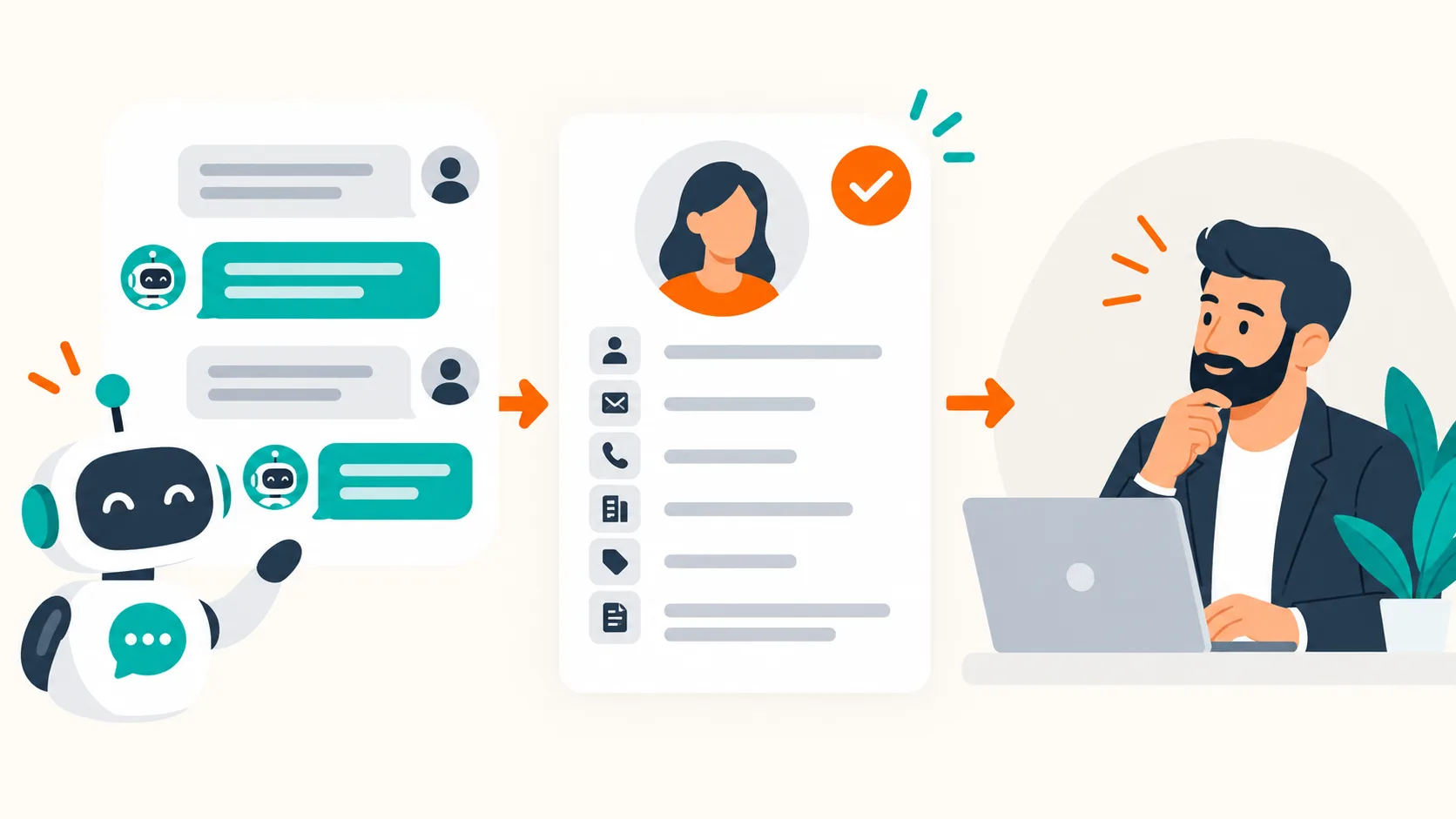 Parcours d'une conversation chatbot vers une fiche CRM qualifiée puis un conseiller commercial