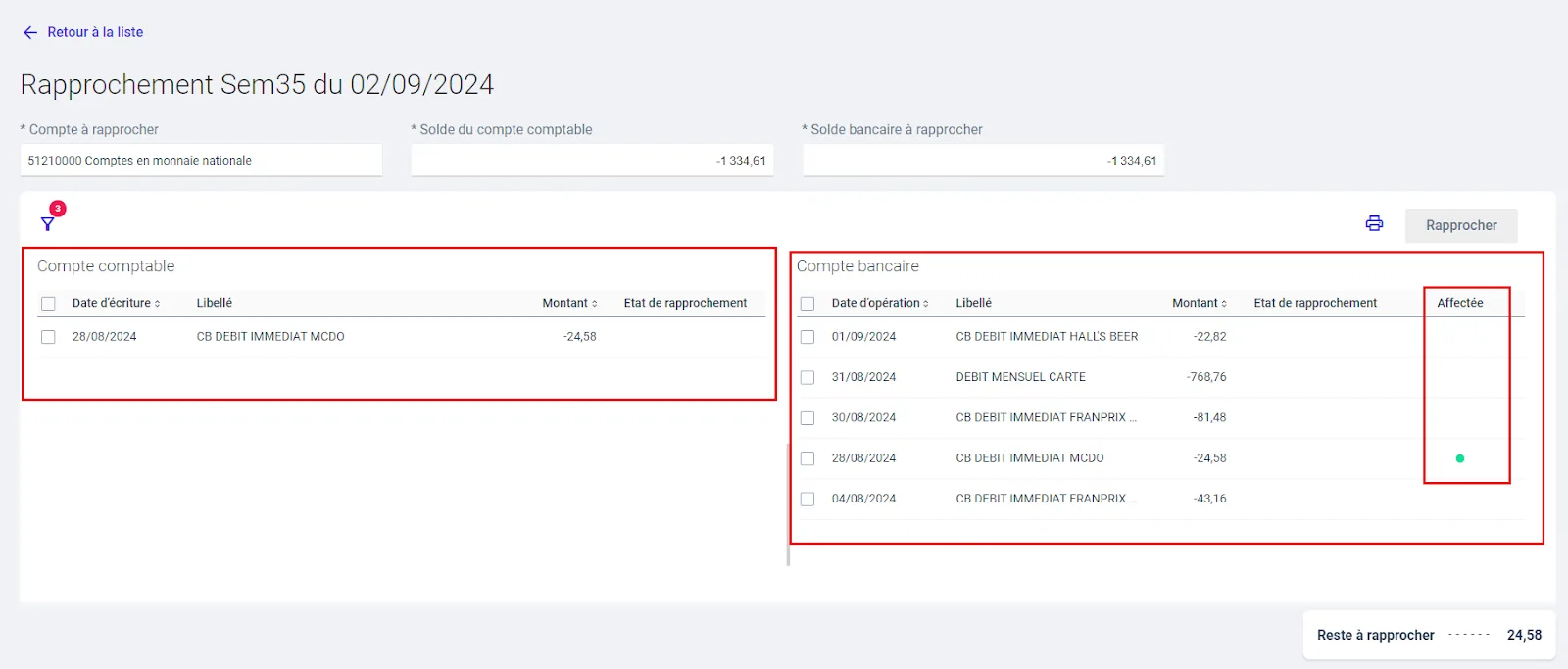 Interface de rapprochement bancaire dans EBP Comptabilité Hubbix